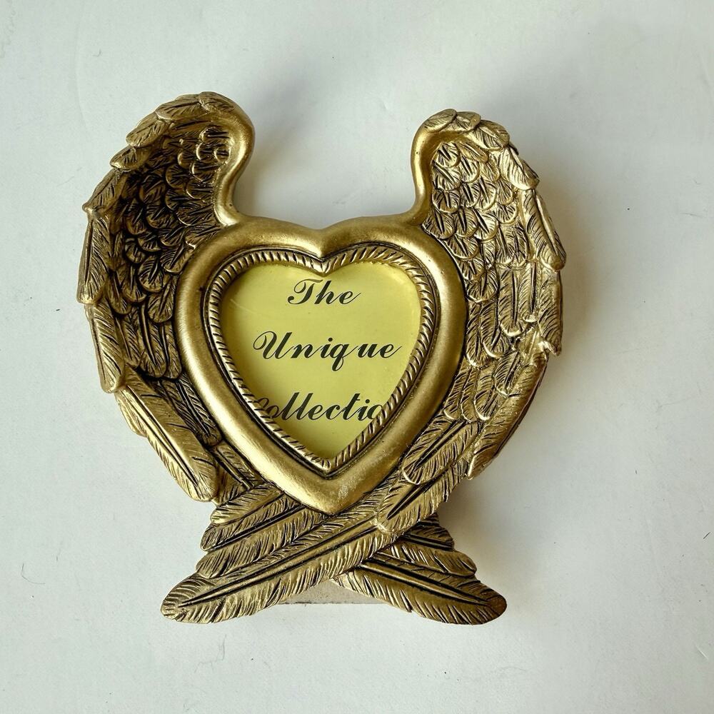 Small Picture Frame Angel Wings & Heart Embossed Goldtone Resin Memorial Heaven